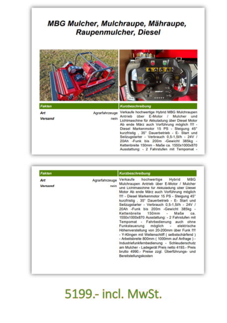 Mähen und Mulchen Produktbeschreibung eines Rasenmähers mit technischen Details und Preisangabe.